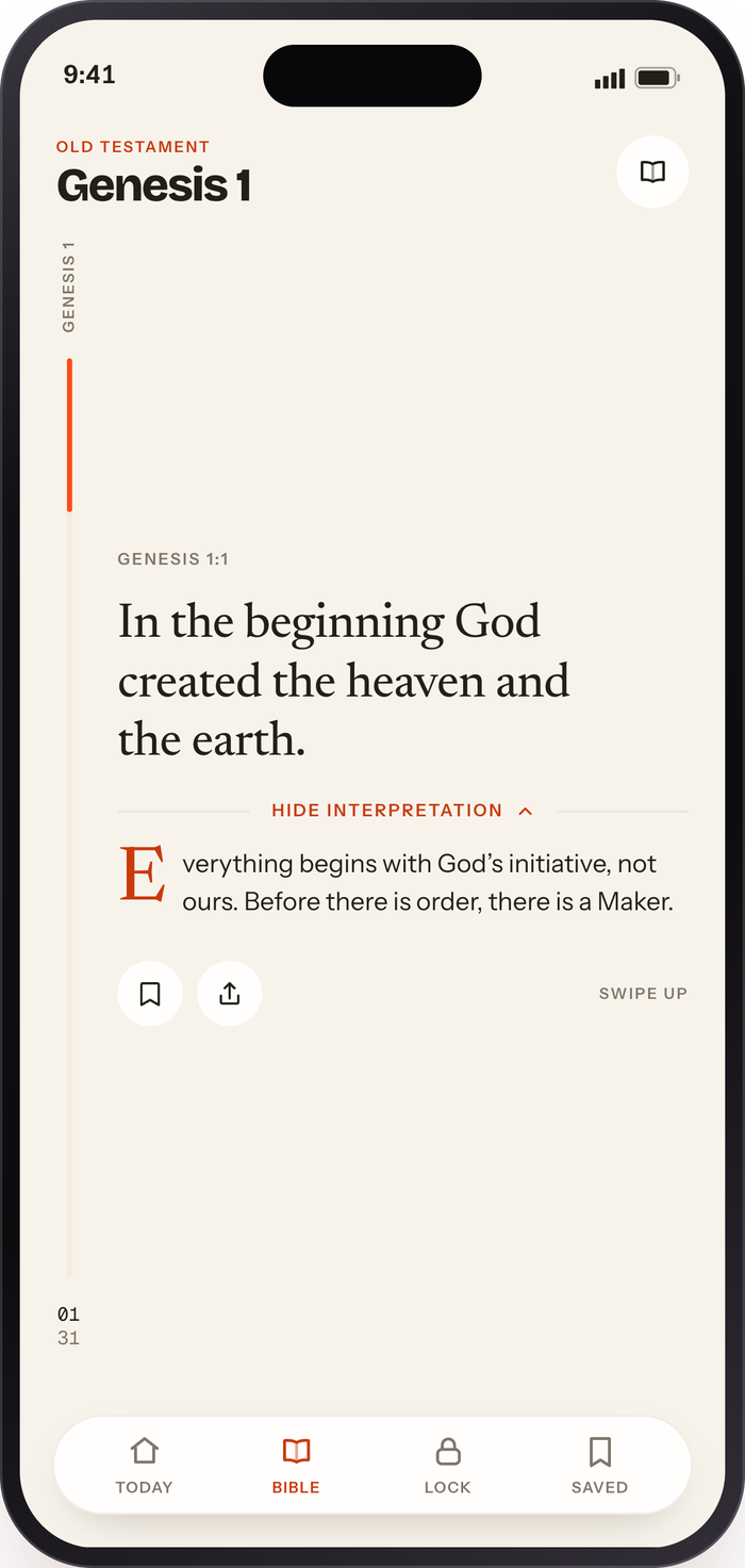 Genesis 1 in the Bible reader, one verse on screen with an interpretation below it.