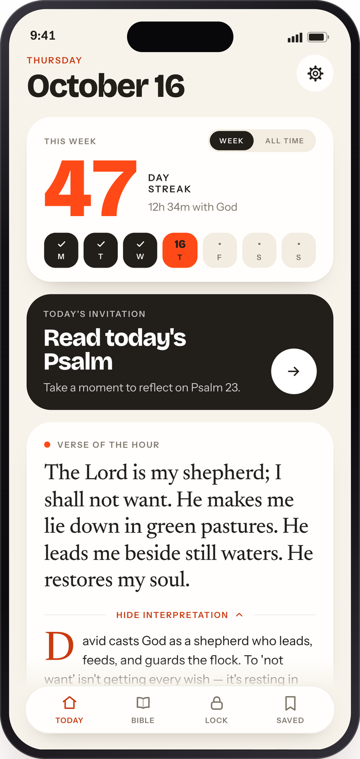 The Prayer Screen home screen: a day streak, today's invitation, and the verse of the hour.