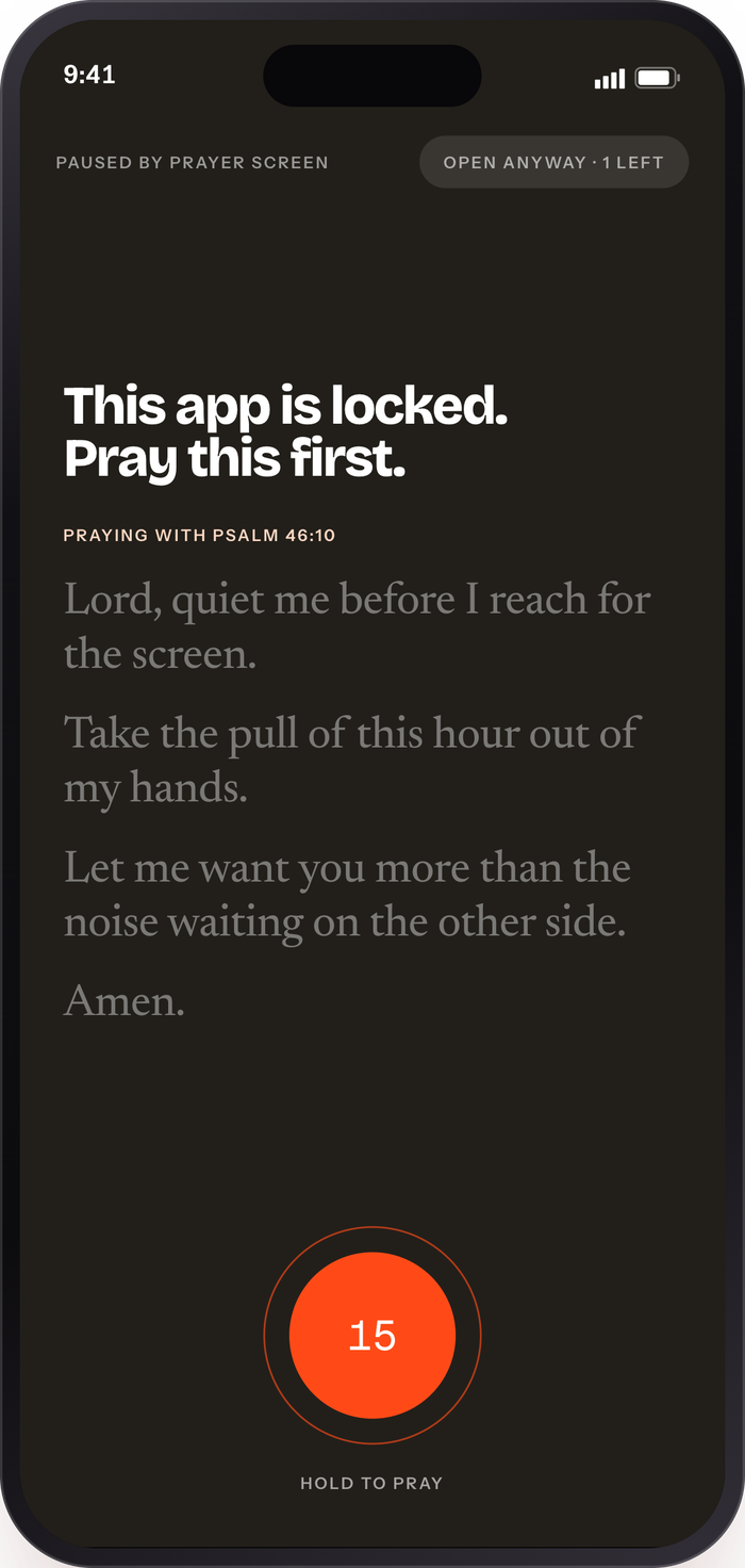 A locked app showing the words This app is locked, pray this first, above a prayer and a hold-to-pray dial.