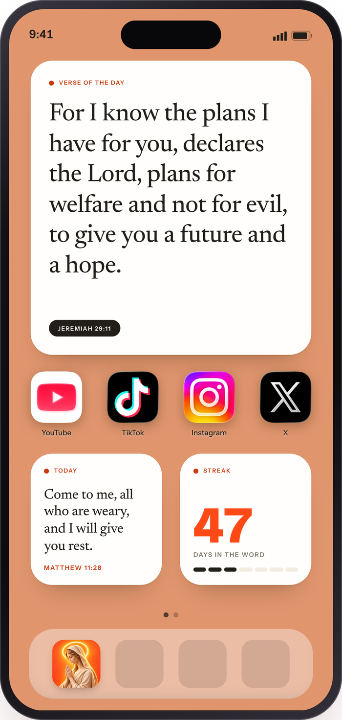 An iPhone Home Screen with a verse widget above the app icons and a streak widget below.